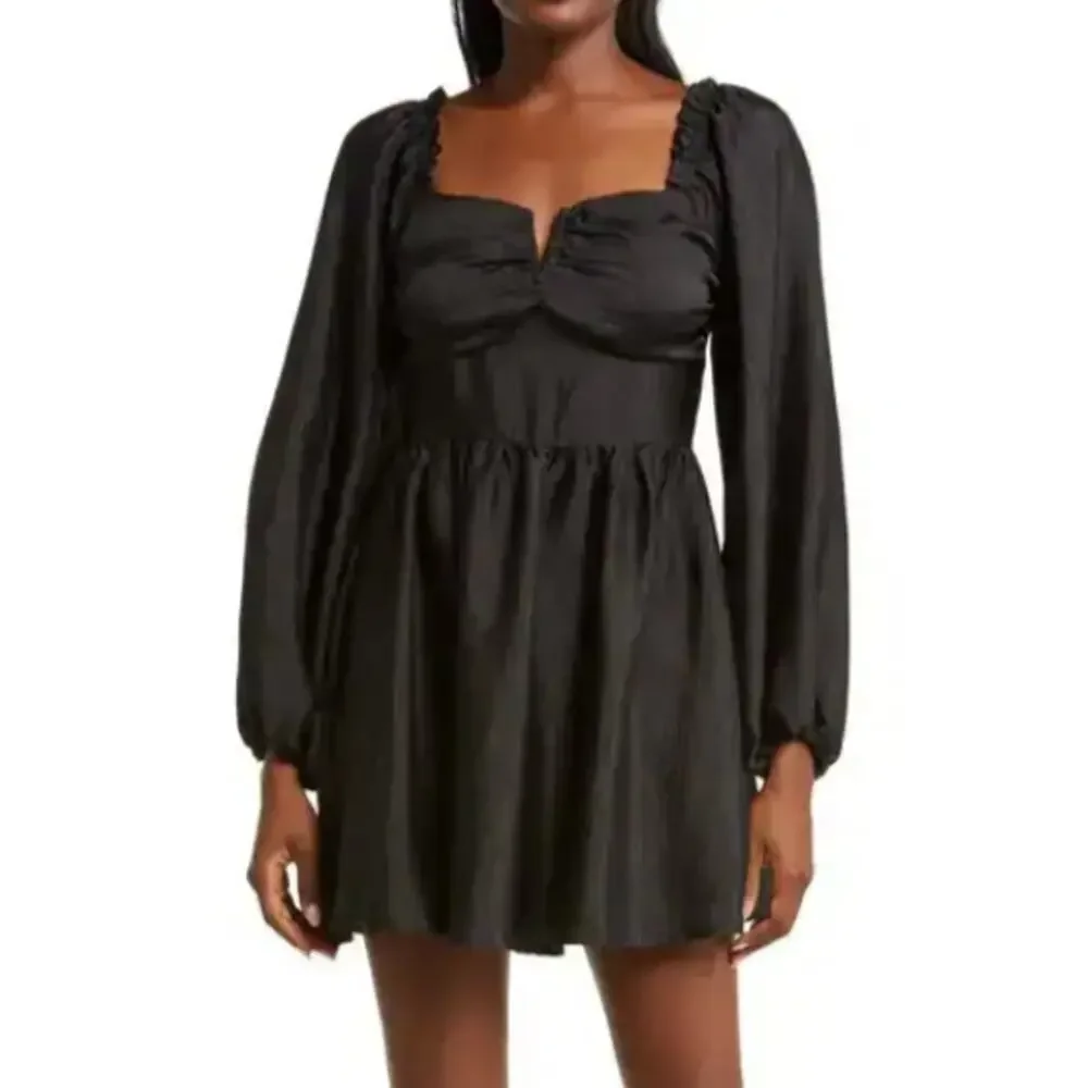 All in Favor Long Sleeve Pliss Satin Minidress in Black at Nordstrom, Size Medium All in Favor Long Sleeve Pliss Satin Minidress in Black at Nordstrom, Size Medium
